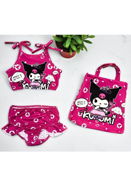 Kız Çocuk Karakter Baskılı Eteği Fırfırlı- Ip Bağlamalı Çanta Mayo Bikini 3 Lü Takım