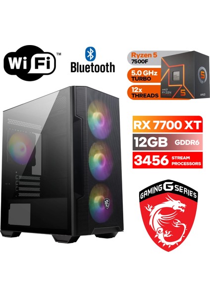 Şafak - Gaming Pc Ddr5 – Rx 7700XT 12 GB – Ryzen 5 7500F – 32 GB – 64GB Ddr5 Ram – 1tb M.2 SSD –windows 11 Pro