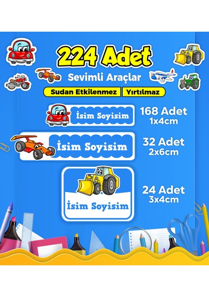 Sevimli Arabalar Temalı Okul Kreş Kişiye Özel Isim Etiket Seti - Model 17