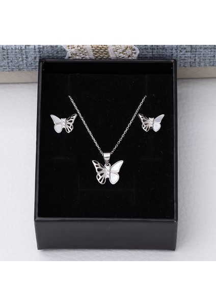 Kelebek Model Sedef Taşlı 925 Ayar Gümüş Kadın 2'li Set