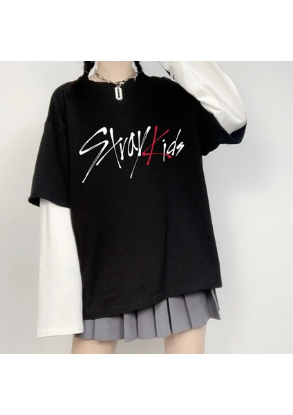 Stray Kids Oversize Fake Kollu Beyaz T-Shirt