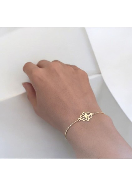 Nazlı İsmine Özel 14 Ayar Altın Plakalı Zincirli Hamsa Motifli Hediye Bileklik-497 İsim