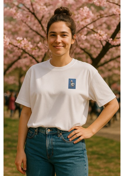 Kiraz Çiçeği Japonya Posta Pulu Baskılı Unisex %100 Pamuk Oversize Bisiklet Yaka Beyaz T-Shirt