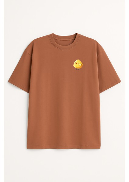Civciv Baskılı Unisex %100 Pamuk Oversize Bisiklet Yaka Kahverengi T-Shirt
