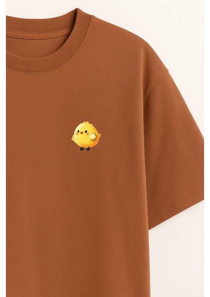 Civciv Baskılı Unisex %100 Pamuk Oversize Bisiklet Yaka Kahverengi T-Shirt fiyatları