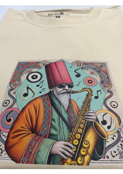 Jazzcı Derviş Baskılı Unisex %100 Pamuk Oversize Bisiklet Yaka Bej T-Shirt