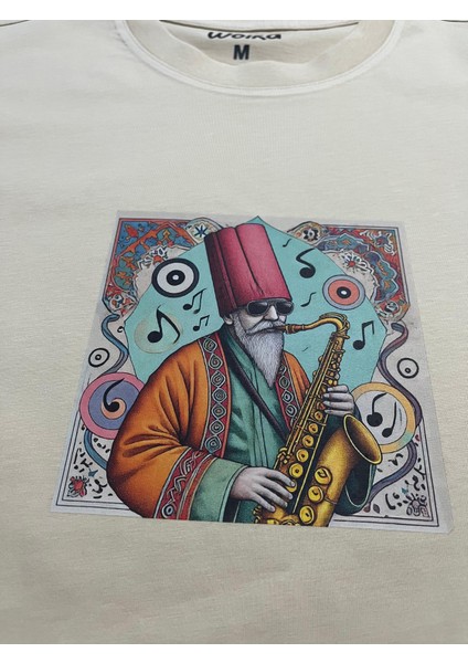 Jazzcı Derviş Baskılı Unisex %100 Pamuk Oversize Bisiklet Yaka Bej T-Shirt fiyatları
