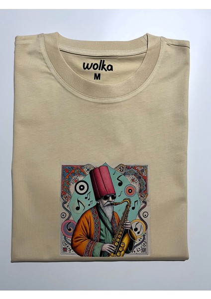 Jazzcı Derviş Baskılı Unisex %100 Pamuk Oversize Bisiklet Yaka Bej T-Shirt modelleri