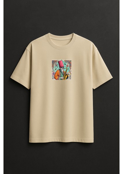 Jazzcı Derviş Baskılı Unisex %100 Pamuk Oversize Bisiklet Yaka Bej T-Shirt fırsatları