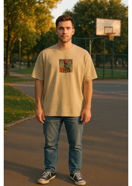 Jazzcı Derviş Baskılı Unisex %100 Pamuk Oversize Bisiklet Yaka Bej T-Shirt indirimleri