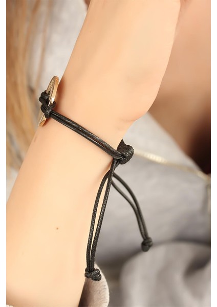 Lucky (Şanslı) Siyah Deri Ipli Unisex Mood Bileklik - EBJ250705W36387