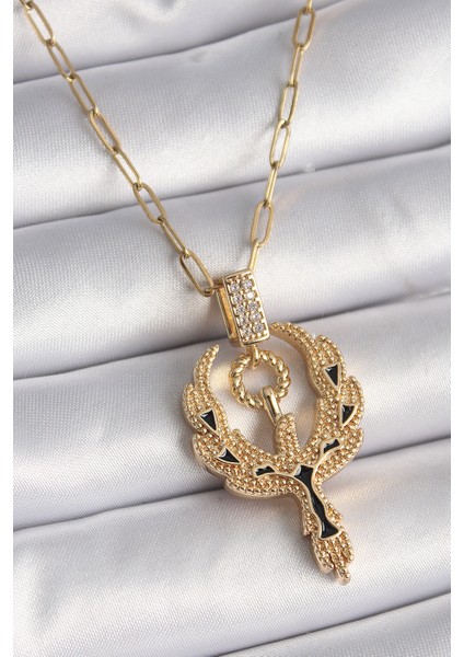 Anka Kuşu Tasarımlı Gold Renk Zirkon Taşlı Kadın Kolye - BKO9528-ST