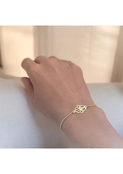Seda İsmine Özel Zincirli Hamsa Motifli 14 Ayar Altın Plakalı Hediye Bileklik-497 İsim