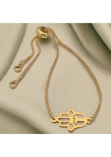 Seda İsmine Özel Zincirli Hamsa Motifli 14 Ayar Altın Plakalı Hediye Bileklik-497 İsim fiyatları