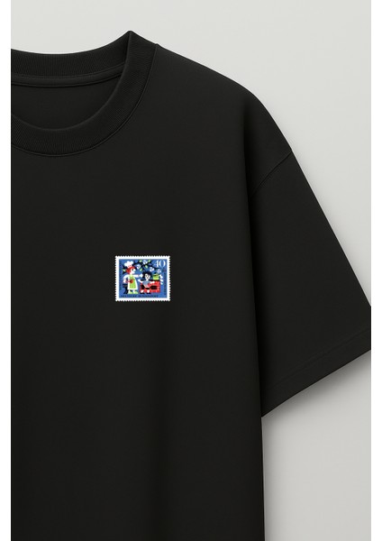 Almanya Posta Pulu Baskılı Unisex %100 Pamuk Oversize Bisiklet Yaka Siyah T-Shirt indirimleri