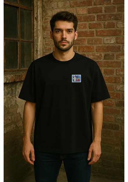 Almanya Posta Pulu Baskılı Unisex %100 Pamuk Oversize Bisiklet Yaka Siyah T-Shirt