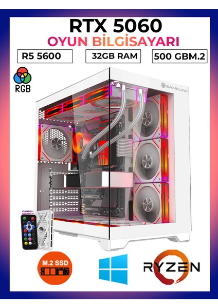 Pro X3 Ryzen 5 5600 32GB Ram 500GB M.2 Nvme SSD RTX5060 Oyuncu Free Dos Masaüstü Bilgisayar