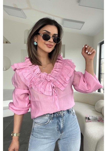 Yaka Fırfır Detay Bluz Pembe