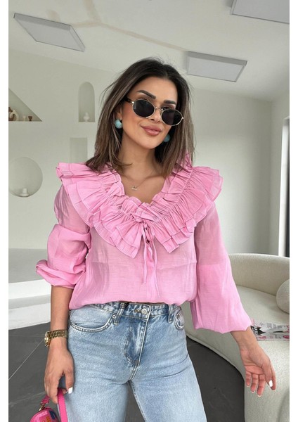 Yaka Fırfır Detay Bluz Pembe modelleri