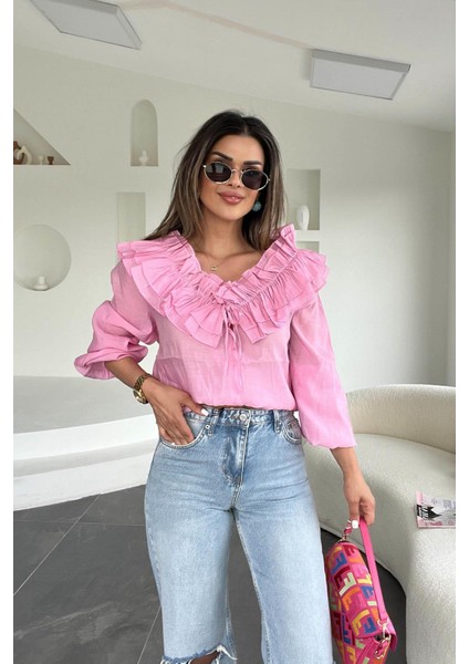 Yaka Fırfır Detay Bluz Pembe fırsatları