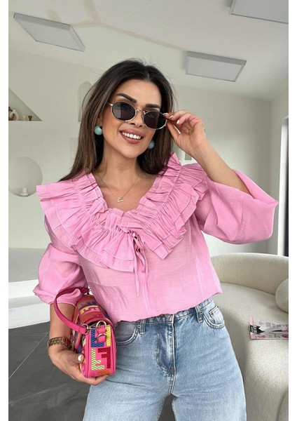 Yaka Fırfır Detay Bluz Pembe indirimleri
