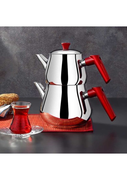 Çaykara Soft Midi Çelik Çaydanlık Takımı - Gri / Kırmızı - 1,8 Lt + 1 Lt
