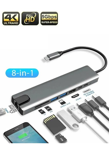 Macbook Pro Air USB Çoklayıcı 8in1 Hub Type-C 4K Hdmı Sd Tf Kart Okuyucu USB 3.0 Okuyucu Adaptör