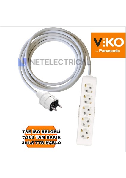 Multi-Let | Beşli 22 Metre Topraklı Çocuk Korumalı Grup Priz - 5'li, 22 M, 3x1.5 Ttr (Tam Bakır) Kablolu