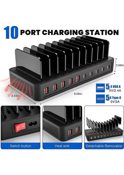 10PORT Şarj Isatasyonu 5 USB C 5 USB A Port Şarj Istasyonu