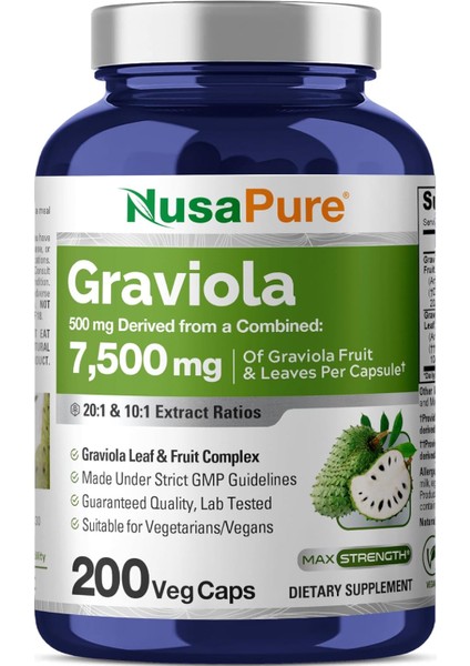 Graviola 20:1 & 10:1 Extract, 250 Mg Equivalent To 7,500 Mg Per Caps 200 Veggie