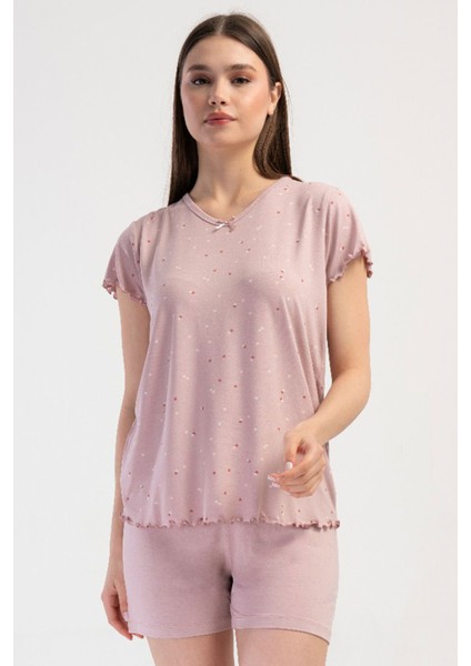 Kadın Vıscon Büyük Beden Kısa Kol Şortlu Pijama Takım , 409309