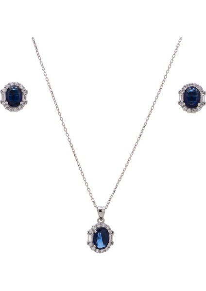 5-8 mm Lacivert Oval Zirkon Taşlı 925 Ayar Gümüş Kadın 2'li Set