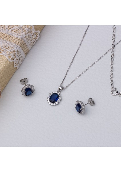 5-8 mm Lacivert Oval Zirkon Taşlı 925 Ayar Gümüş Kadın 2'li Set fiyatları