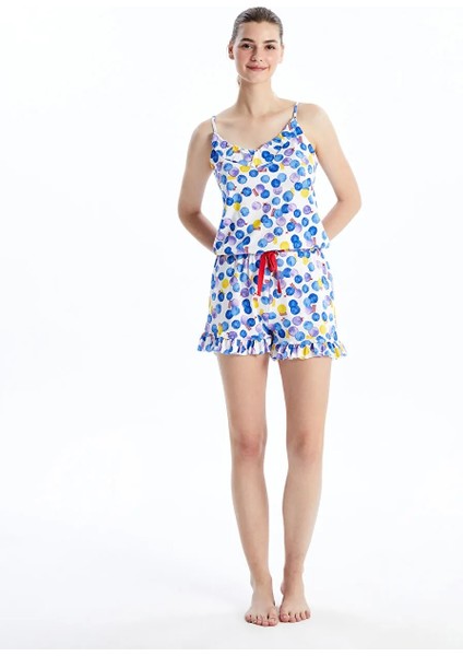 Lcw Dream Beyaz V Yaka Desenli Askılı Kadın Şortlu Tulum Pijama