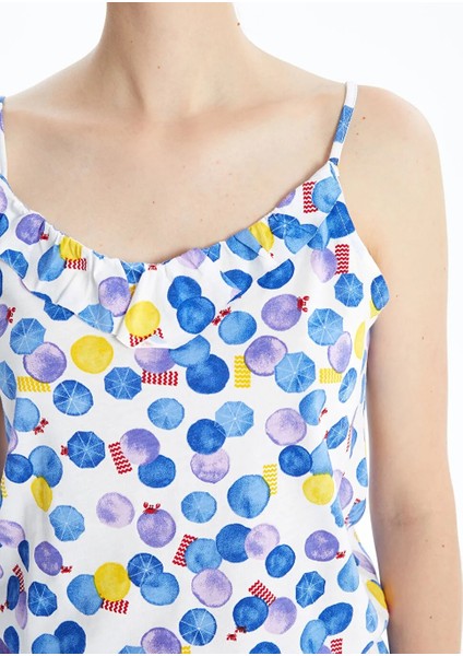 Lcw Dream Beyaz V Yaka Desenli Askılı Kadın Şortlu Tulum Pijama