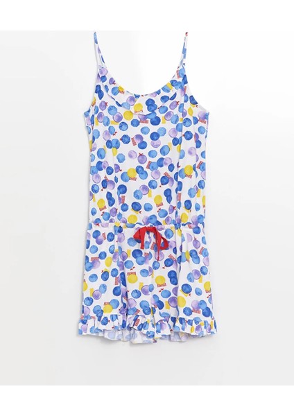 Lcw Dream Beyaz V Yaka Desenli Askılı Kadın Şortlu Tulum Pijama