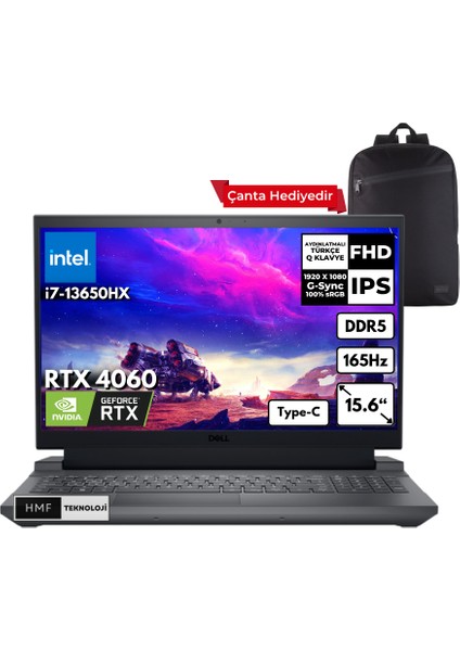 G15 5530 I7-13650HX 8-Gbddr5 512 Gbssd RTX4060 (8GB-140W) 15.6" Fhd 165Hz Windows 10 Pro + Taşınabilir Bilgisayar Hmf Sırt Çantası G155530014UHMFC61