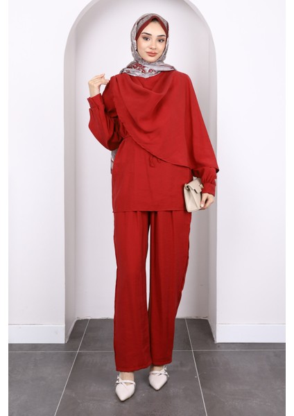 Kırmızı Şal Detaylı Tunik Pantolonlu Takım