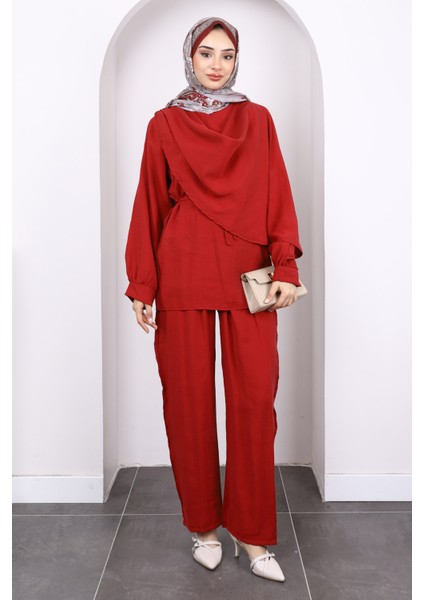 Kırmızı Şal Detaylı Tunik Pantolonlu Takım fiyatları
