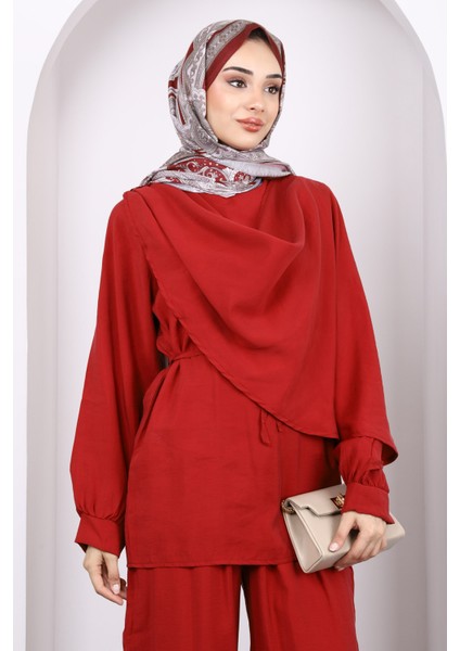 Kırmızı Şal Detaylı Tunik Pantolonlu Takım modelleri