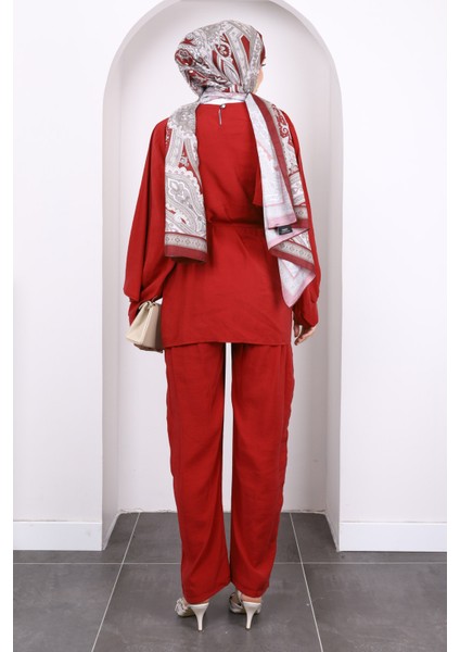 Kırmızı Şal Detaylı Tunik Pantolonlu Takım fırsatları