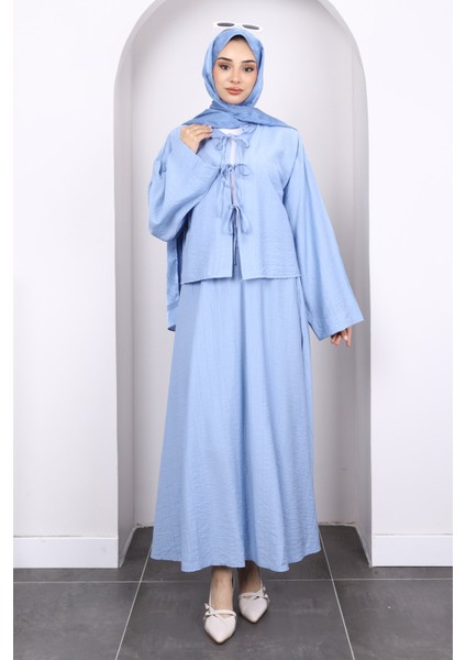 Bebe Mavi Önü Bağlamalı Kimono Etekli Takım