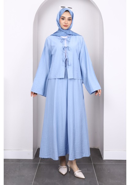 Bebe Mavi Önü Bağlamalı Kimono Etekli Takım
