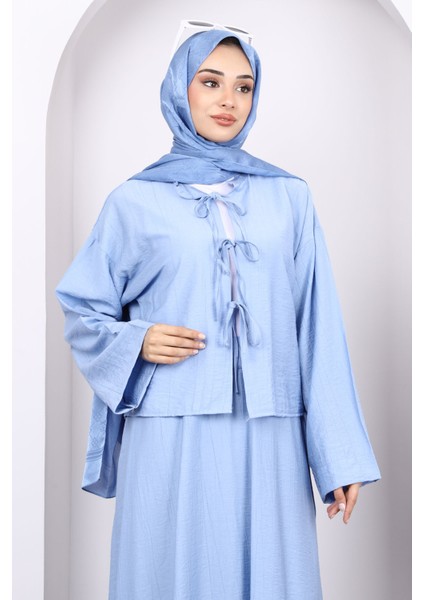 Bebe Mavi Önü Bağlamalı Kimono Etekli Takım