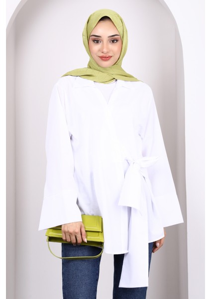 Beyaz Yan Bağlamalı Kimono