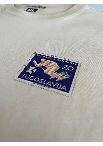 Yugoslavya Posta Pulu Baskılı Unisex %100 Pamuk Oversize Bisiklet Yaka Bej T-Shirt fiyatları