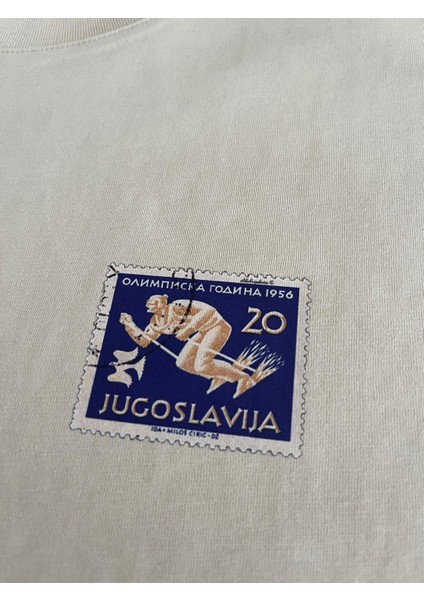 Yugoslavya Posta Pulu Baskılı Unisex %100 Pamuk Oversize Bisiklet Yaka Bej T-Shirt modelleri