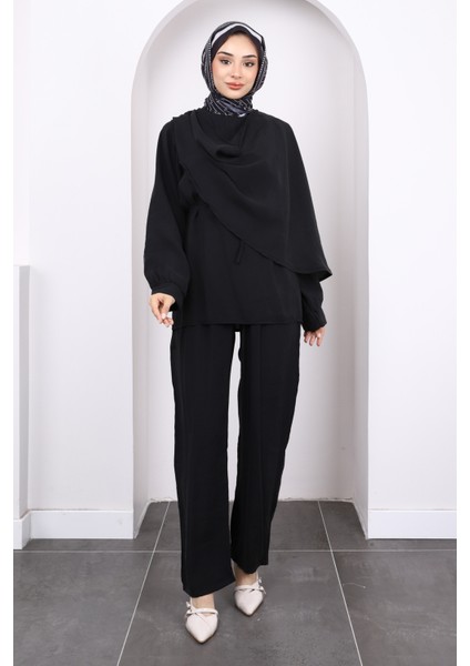 Siyah Şal Detaylı Tunik Pantolonlu Takım