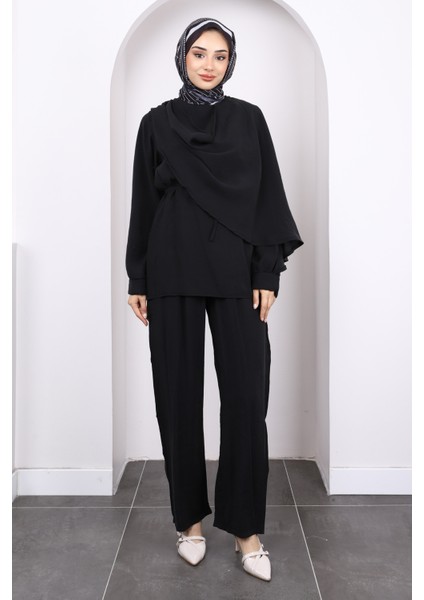 Siyah Şal Detaylı Tunik Pantolonlu Takım fiyatları
