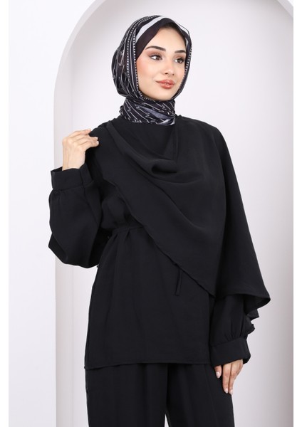 Siyah Şal Detaylı Tunik Pantolonlu Takım modelleri